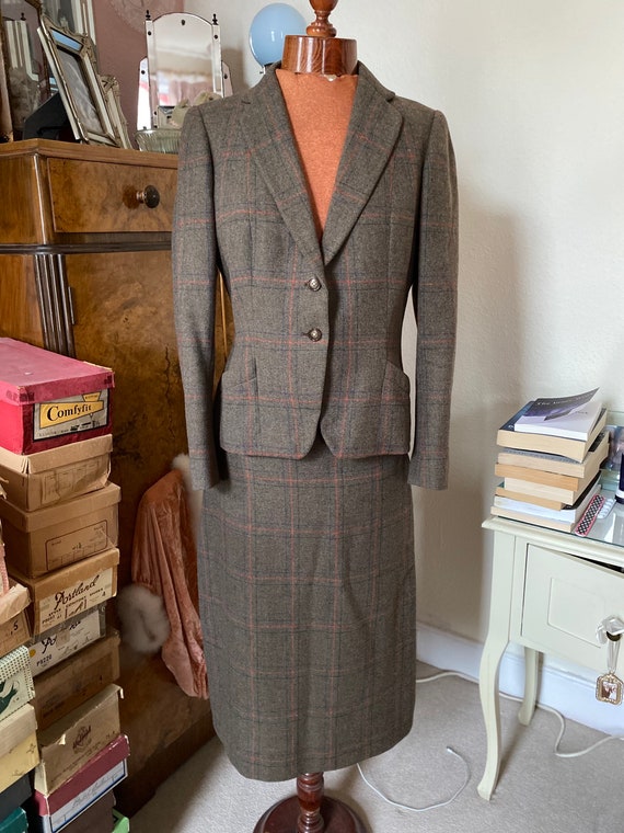 Vintage 1950s, Prince of Wales, tweed check green… - image 1