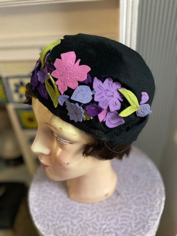Vintage Purple and Black Wool Hat Retro Witch Hat- Black and Purple Wool Felt Hat With Satin  main image 3
