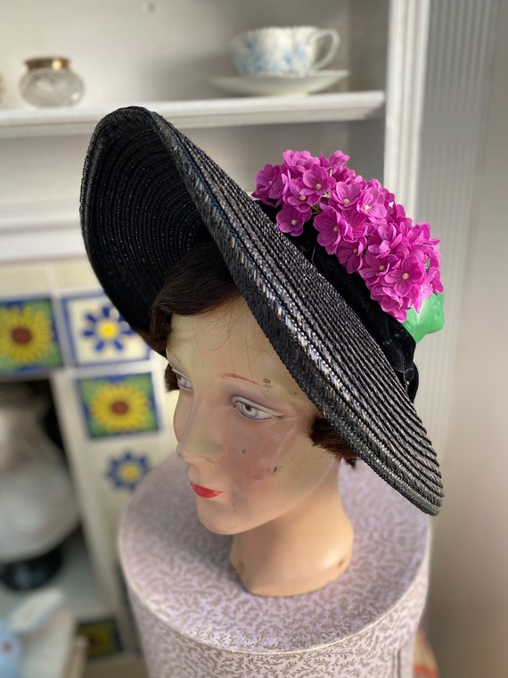 1940s large black straw picture hat with pink flo… - image 1