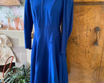 1940s fine wool cobalt royal blue dress with studded collar. waist 30”