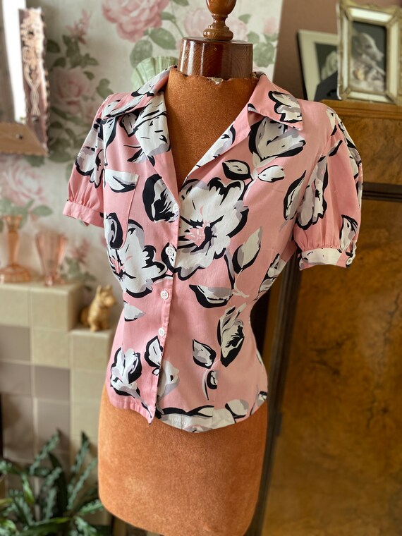 1940s reproduction pink black and white cotton blo