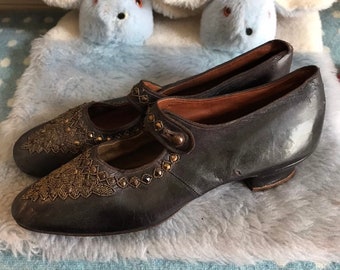 Antique Victorian children’s black leather mary-jane shoes with steel micro beading. Rare and of superior quality