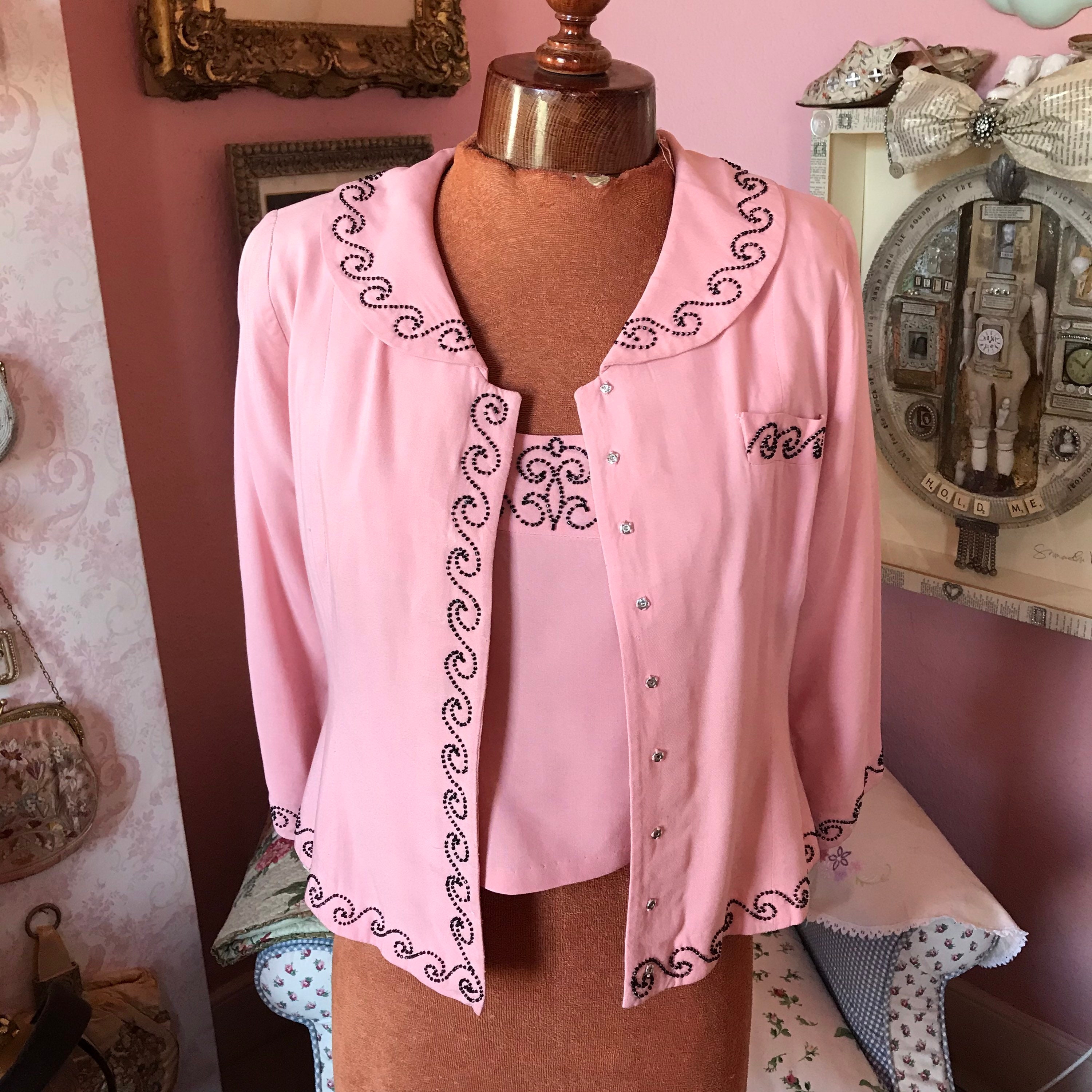 Image of S Pink Linen Jacket & Top With Black Bead Detail Silk Lining. M