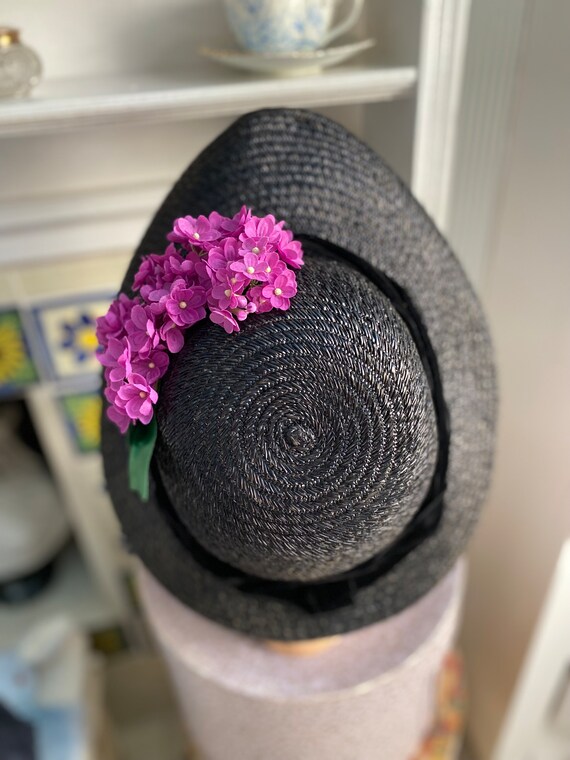 1940s large black straw picture hat with pink flo… - image 2