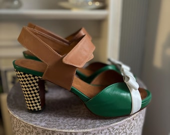 vintage green white and brown leather Chie Mihara shoes with bow detail. uk 5. 37. vgc