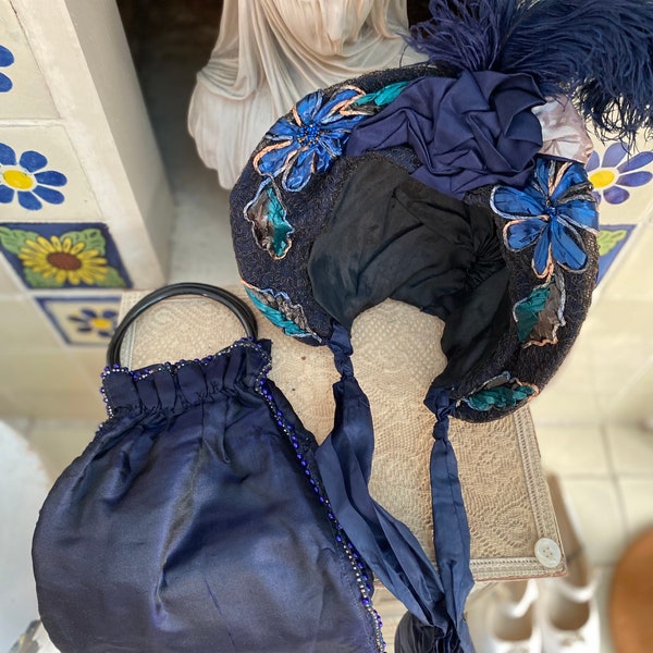 Is exceptionally rare Victorian 19th-century antique blue silk bonnet and matching handbag. VGC.