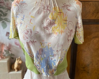 1940s vintage novelty print pastel silk blouse: 36” bust