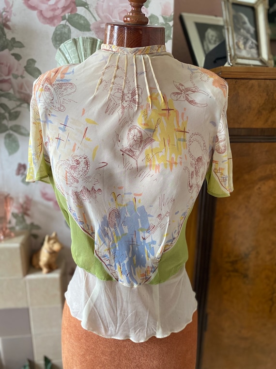 1940s vintage novelty print pastel silk blouse: 3… - image 1