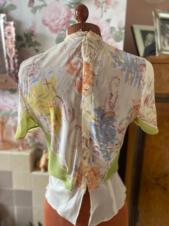 1940s vintage novelty print pastel silk blouse: 3… - image 5