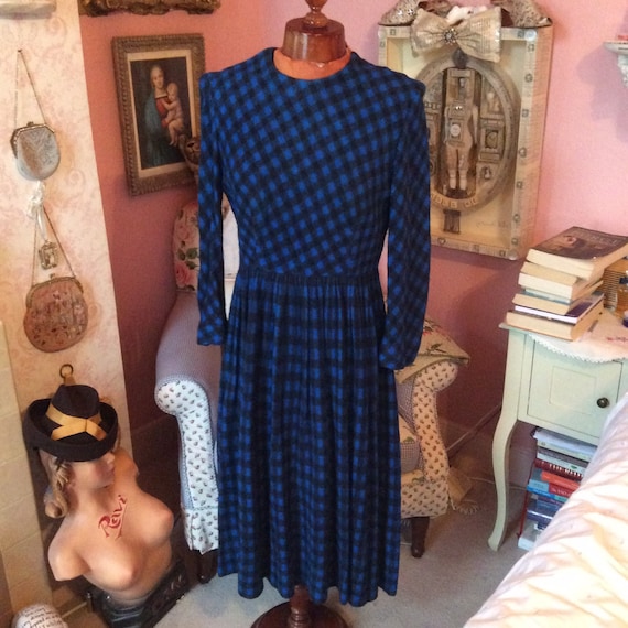 1950s felt royal blue houndstooth check dress