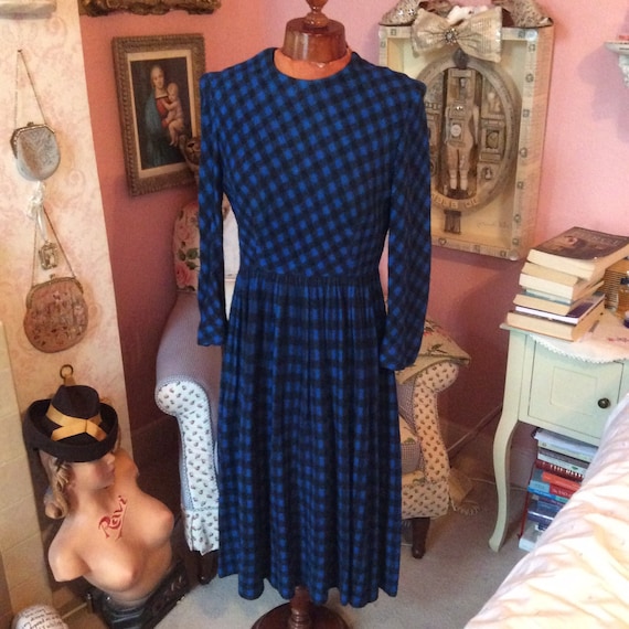 1950s felt wool mix royal blue houndstooth check … - image 1