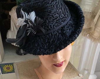 1930s vintage Astrakhan trilby with beaded feather flash