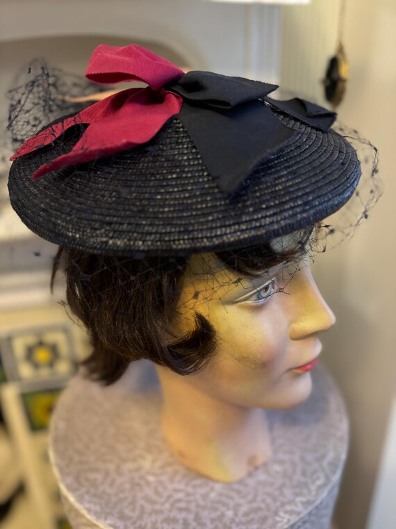 Vintage 50s Beret Hat Brown Straw Cream Silk main image 1