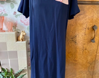 1940s vintage blue crepe dress with pink bow neckline. rare larger sizes waist 38” volup.