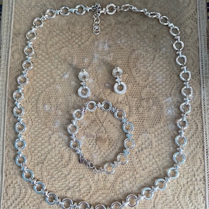 1940s style 1980s silver tone necklace  bracelet and earrings set, made by Monet