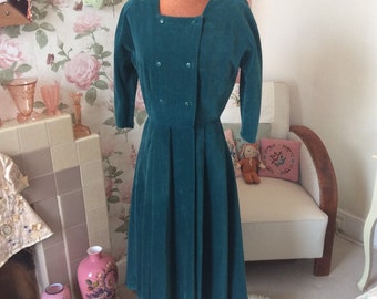 1940s vintage teal cord ‘New Look’ dress by Horrockses. Waist 28”