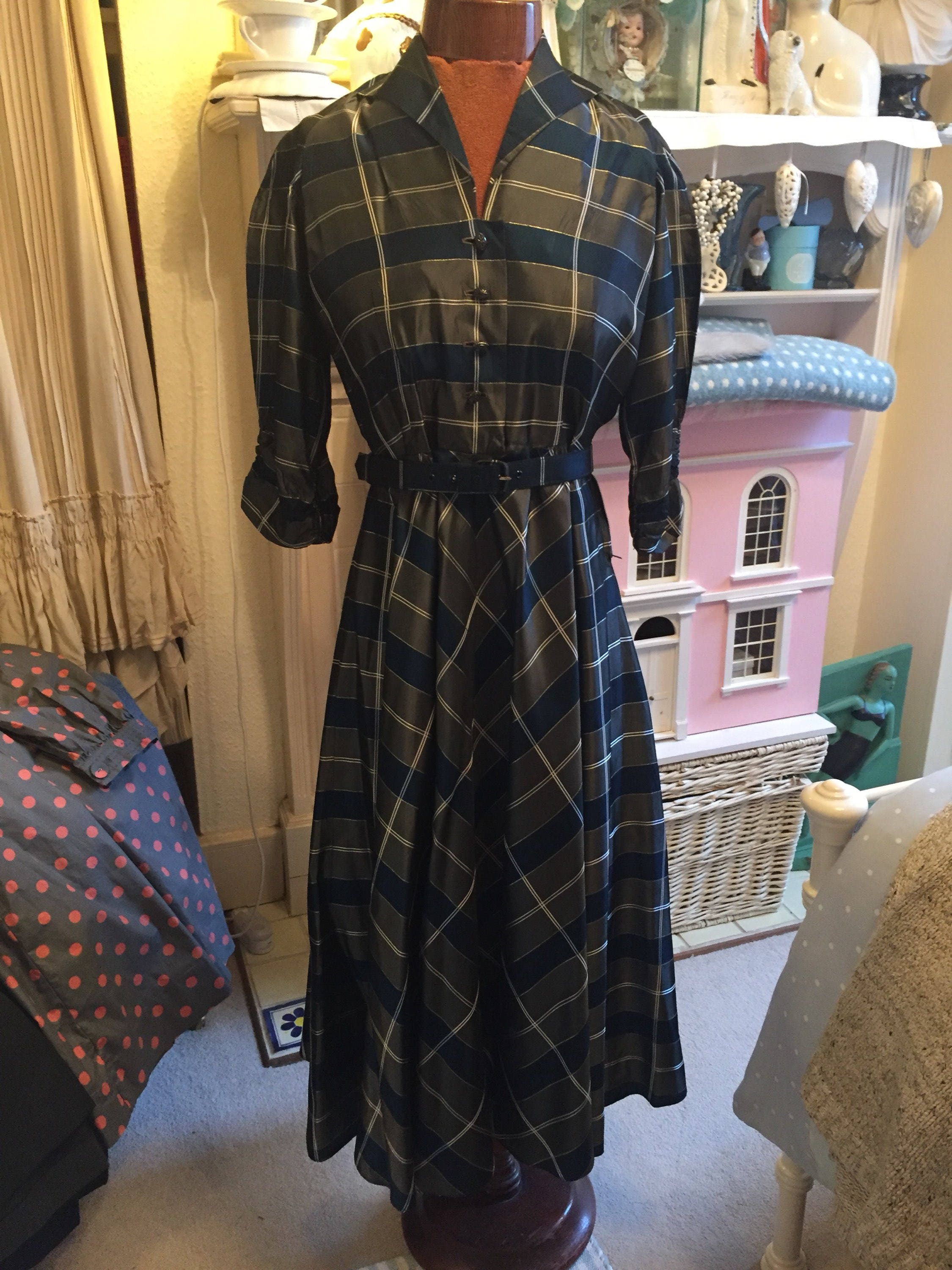 Image of S Plaid Belted Dress in Navy & Grey Silk Taffeta. Excellent Condition. Size M Or About A U.k.  | B "/W " L "