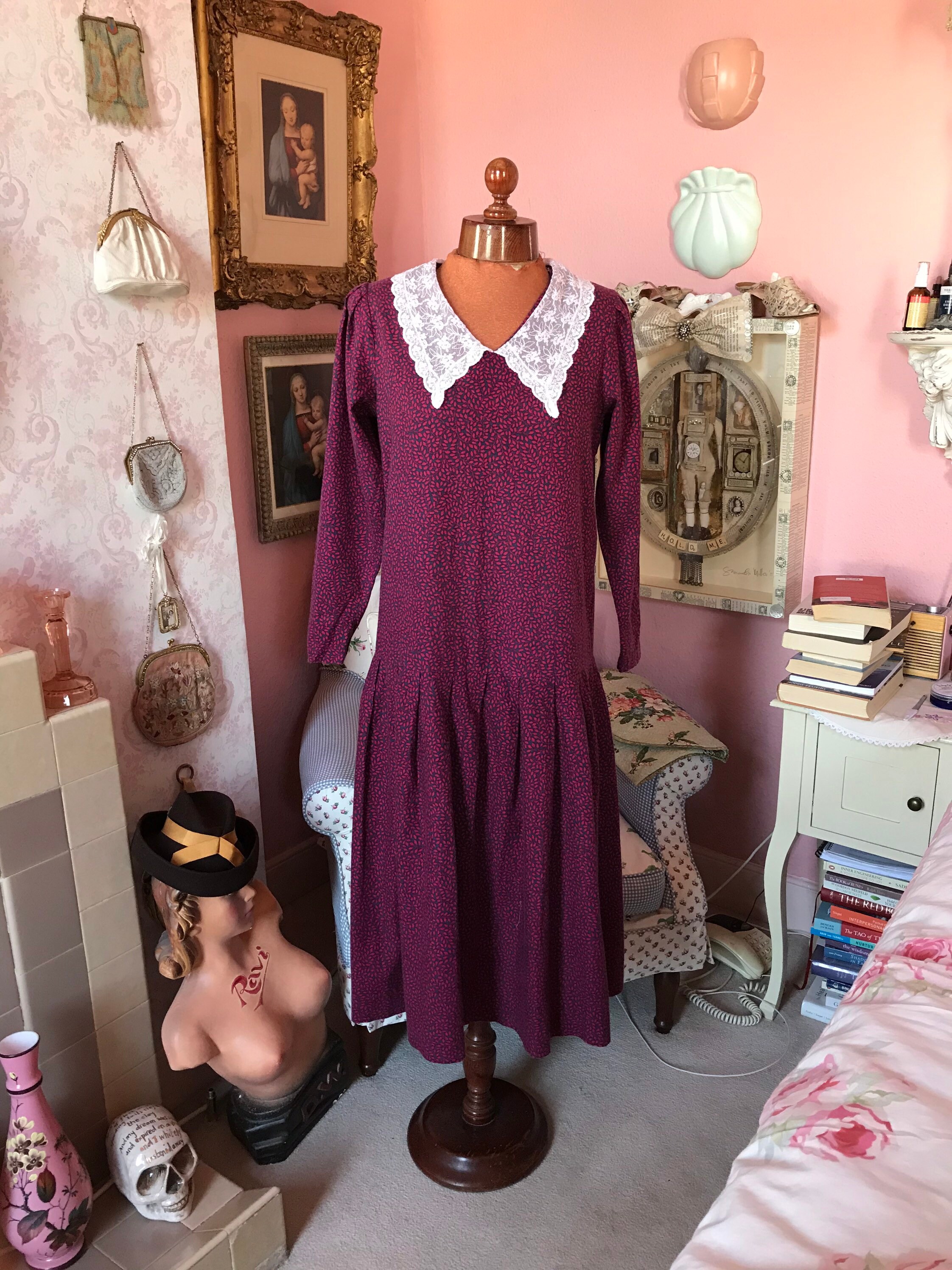 1980 Laura Ashley drop waist pink and navy floral dress with Etsy