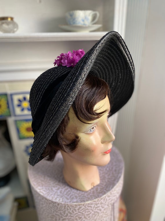 1940s large black straw picture hat with pink flo… - image 4