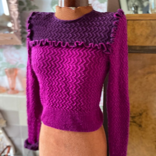 vintage 1940s style hand knitted jumper from original pattern. on purple and pink wool. bust 34”