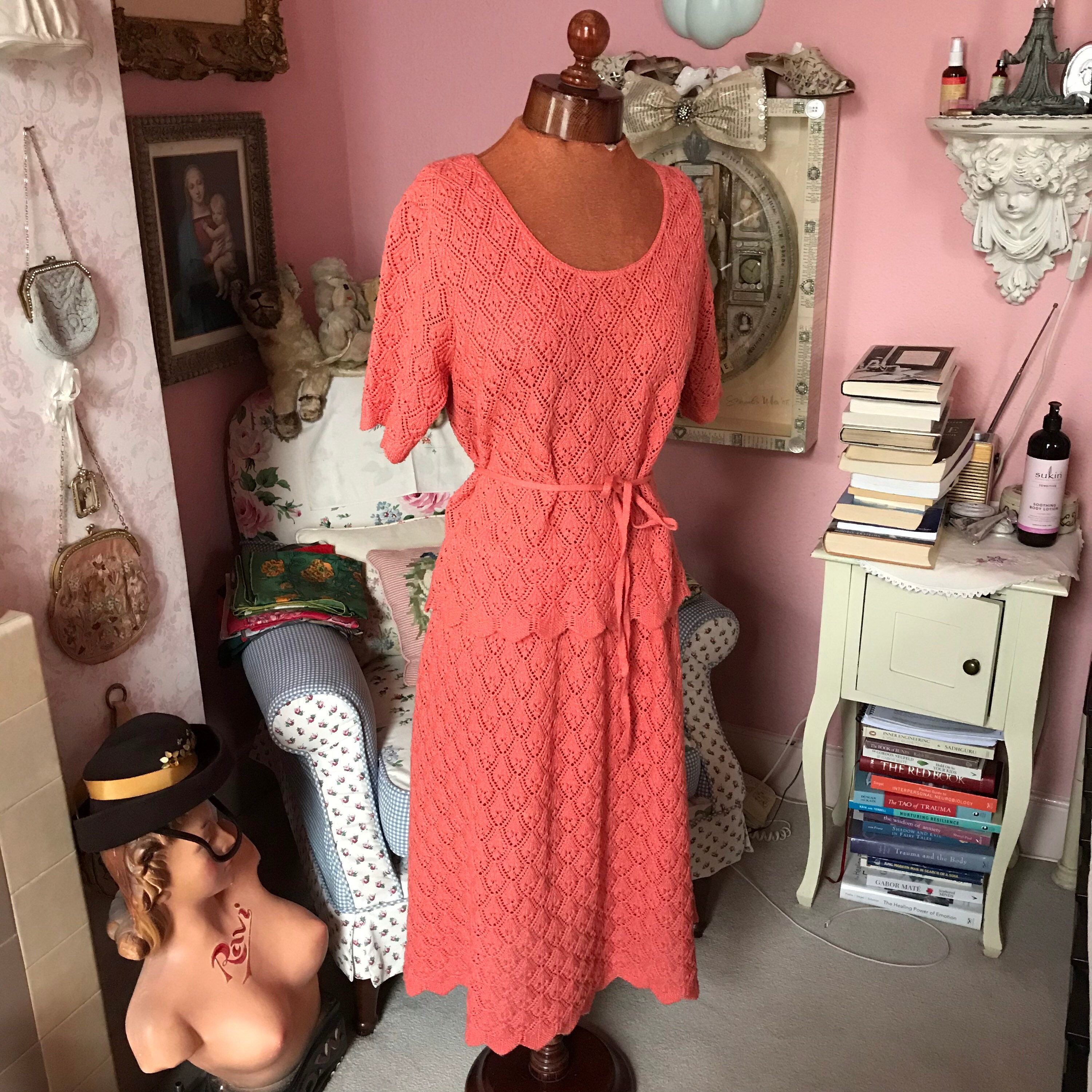 Image of S S Coral Knitted Skirt Suit. Size M. Vgc