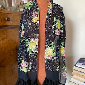 Outstanding 1920s antique art deco hand painted black floral fringed shawl. Superb condition