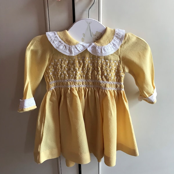 1930s 1940s yellow virgin wool child’s dress with matching bloomers. Excellent condition.