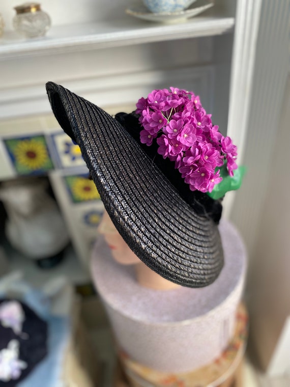 1940s large black straw picture hat with pink flo… - image 6