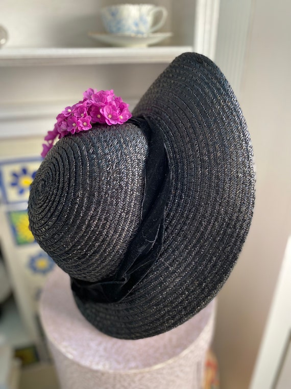 1940s large black straw picture hat with pink flo… - image 3