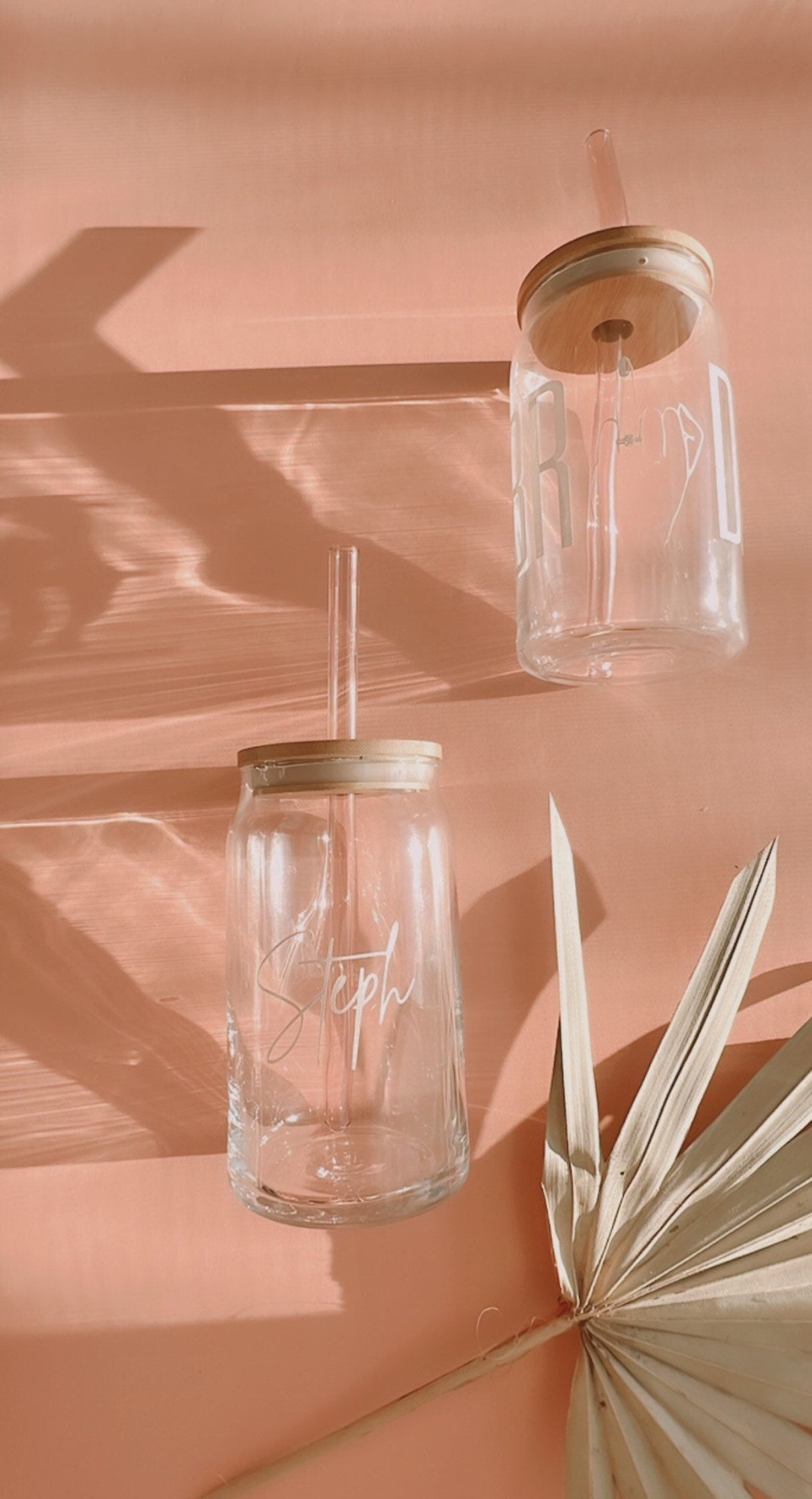 Personalized Glass Iced Coffee Cup With Bamboo Lid & Pink Straw - Etsy
