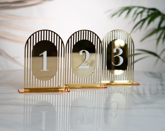 Numéro de table en miroir doré, numéros de table en arc, numéro de table en acrylique
