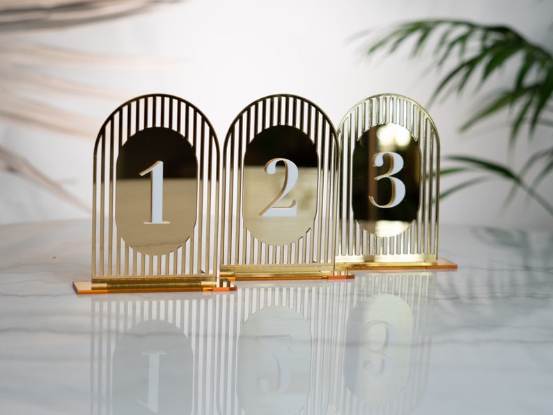 Gold Mirror Table Number, Arch Table numbers, Acrylic table number image 1