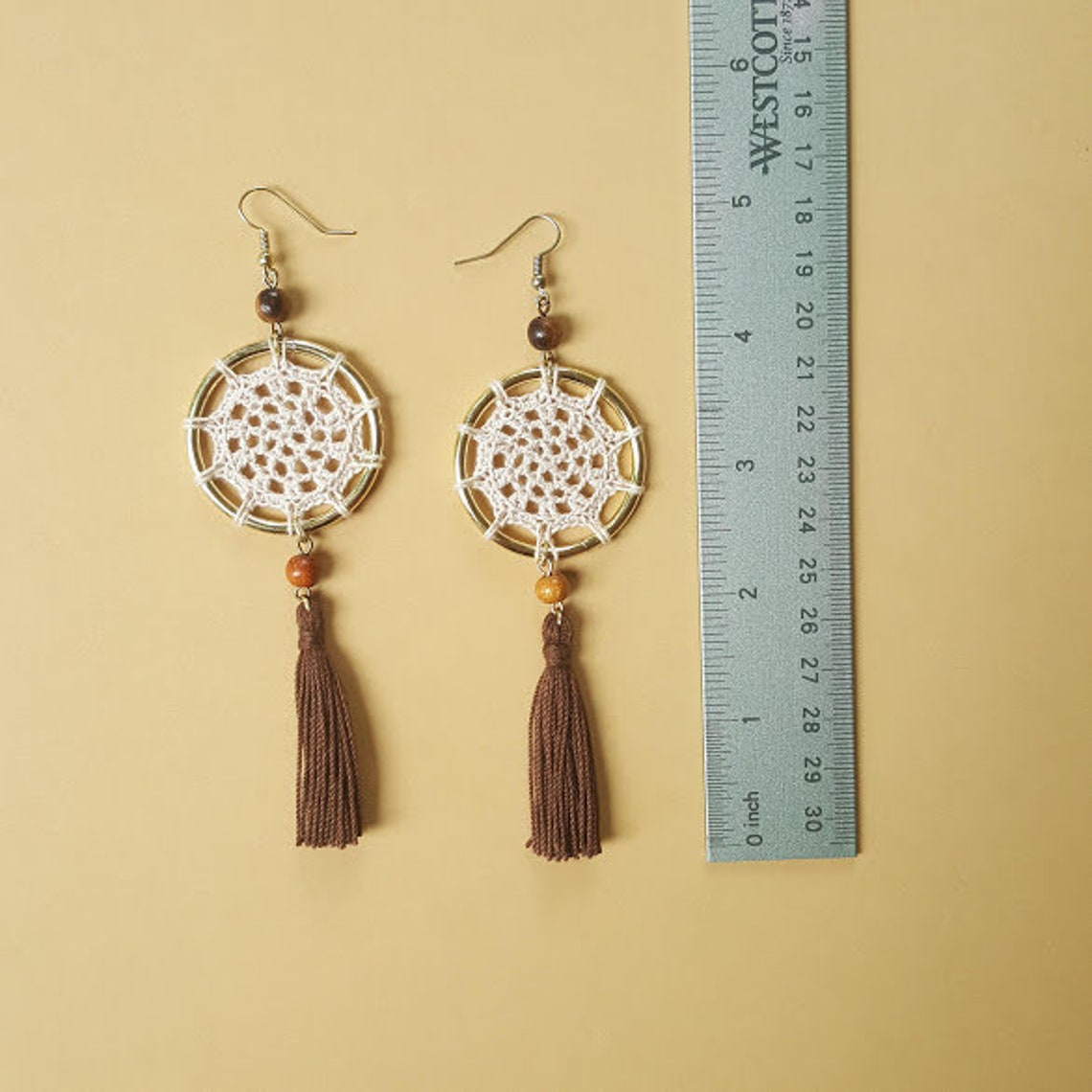 Cream Crochet Dreamcatcher Earrings with Beads and Black Etsy