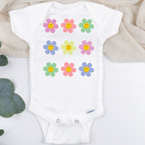 Organic Gerber Onesie® Baby Bodysuit Flower Happy Face Pattern, Floral Happy Face Baby Onesie, Flower Happy Face Baby Gerber Onesie®