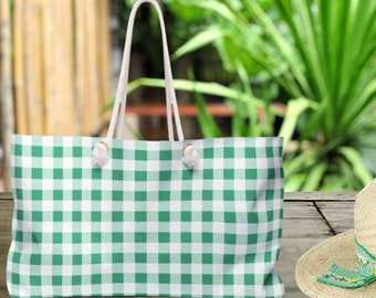 Green Gingham Weekender Bag, Oversized Bag, Travel Bag, Green XL Tote, Gift for Her, Bridesmaid Gift, Gift for Mom, Beach Bag, Shopping Bag