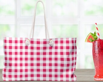 Red Gingham Weekender Bag, Oversized Bag, Travel Bag, Red XL Bag, Gift for Her, Bridesmaid Gift, Gift for Mother, Beach Bag, Shopping Tote