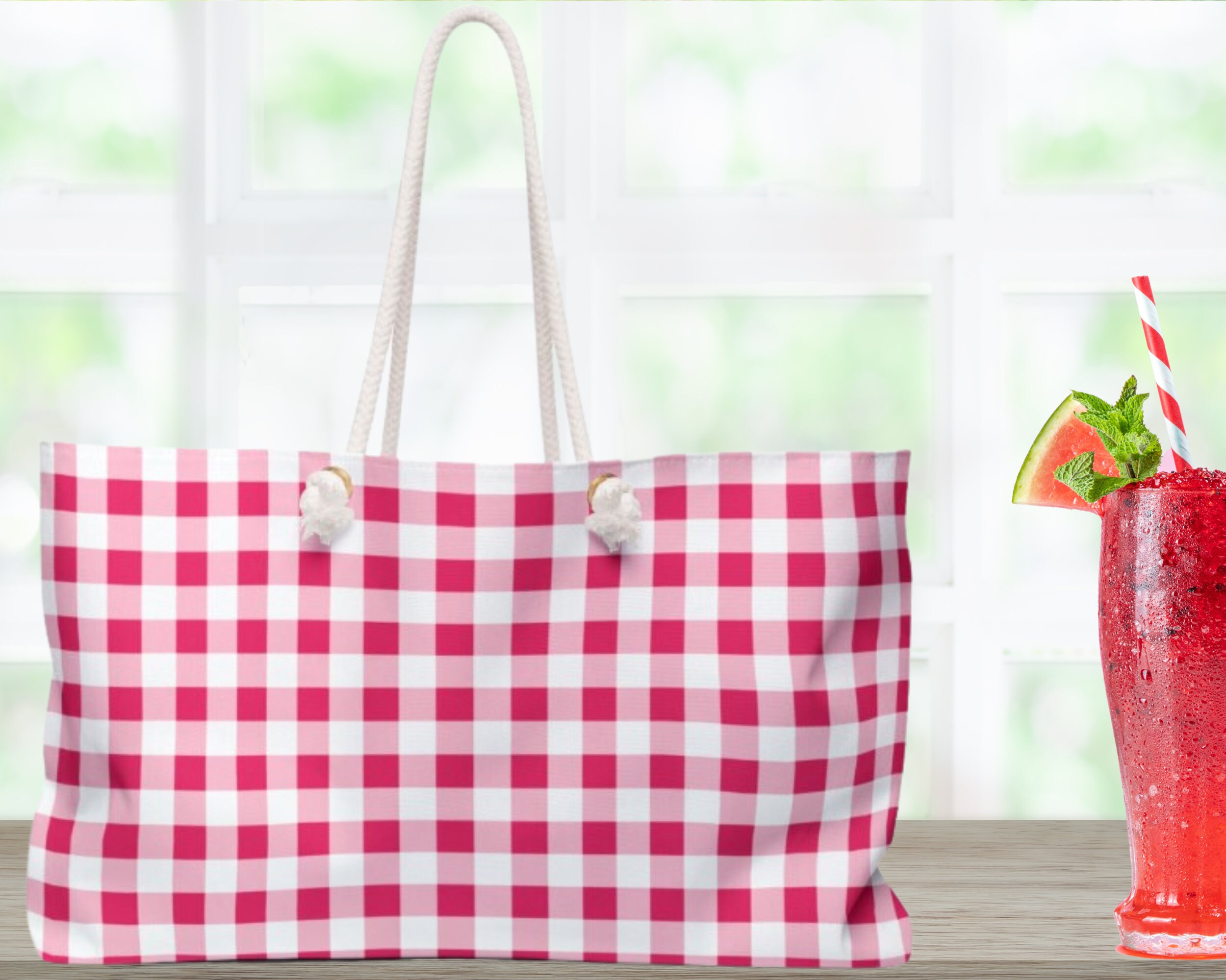 Red Gingham Weekender Bag, Oversized Bag, Travel Bag, Red XL