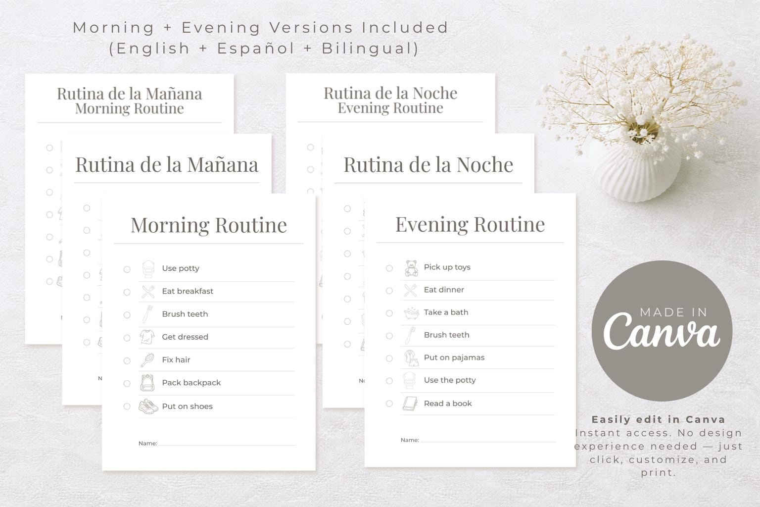 Spanish Morning Routine Drawings Editable Canva Daily Routine for Kids | Morning + Evening Routine ...