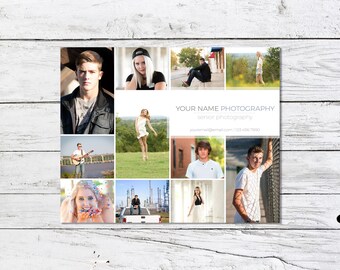 Peut inclure: Un collage de photos mettant en scène des portraits de fin d'études. Les photos présentent différentes poses et décors, notamment un jeune tenant une guitare, un jeune debout dans un champ et un jeune assis sur un banc. Le texte "YOUR NAME PHOTOGRAPHY senior photography" est inclus dans le collage.