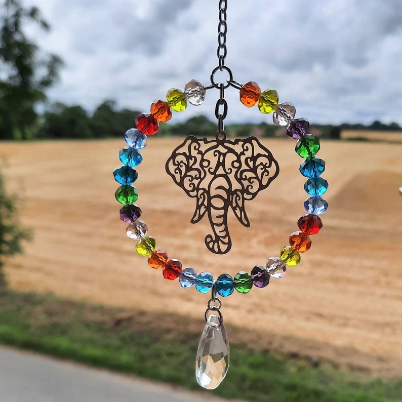 Elephant sun catcher rainbow beads. Crystal glass drop and beads image 2