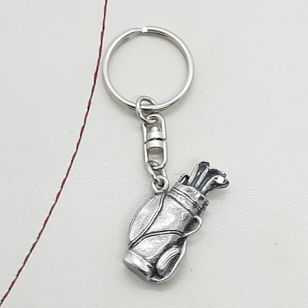 Pewter golf club bag keyring keychain. Handcrafted in the UK.