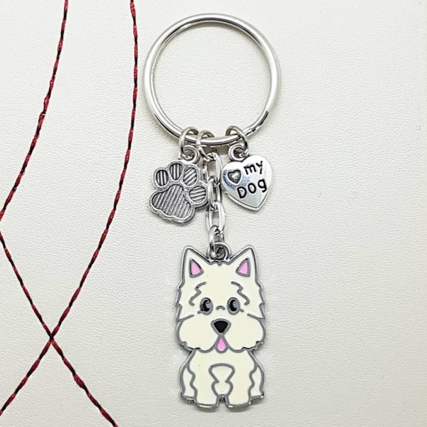 West Highland Terrier Westie Dog White Keyring Keychain. I Love My Dog Heart. Paw Print Charm. Enamel