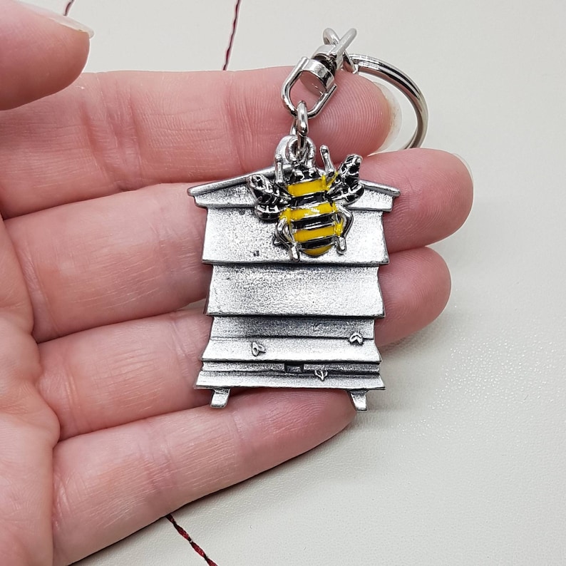 Pewter Bumble Bee Hive Keyring Keychain. Handcrafted in the Etsy UK