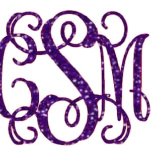 May include: Purple glitter monogram with the letters CSM in a cursive font.