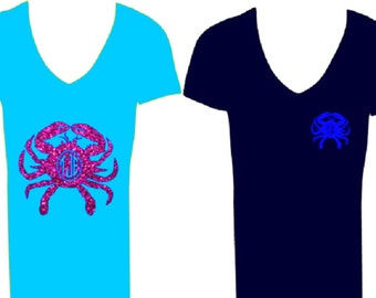 Monogram Crab Glitter or Vinyl heat transfer, Iron-on crab, ,DIY shirt or t-shirt