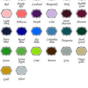 May include: A color chart for Easyweed heat transfer vinyl. The chart displays a variety of colors, including black, white, red, yellow, pink, blue, green, brown, grey, gold, and silver. Each color is presented in a decorative, scalloped-edge frame.