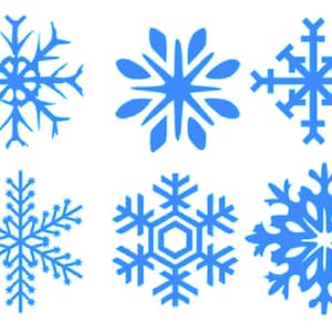 May include: Six blue snowflake designs, each with a unique pattern. The snowflakes are isolated on a white background.