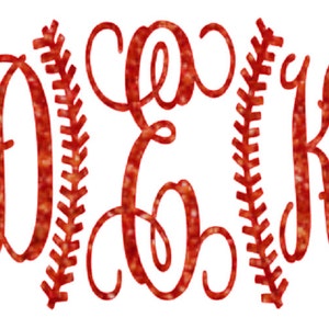 May include: Red glitter monogram letters D, E, and K with a baseball stitch design on either side of the middle letter.
