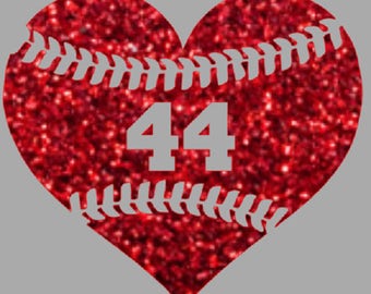 Heart Baseball in glitter OR heat transfer, custom number, Love baseball, Sports,Gift,