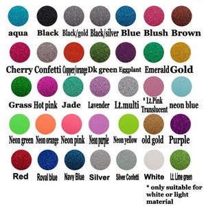 May include: Chart of 28 glitter colors for crafting projects. Colors include aqua, black, black/gold, black/silver, blue, blush, brown, cherry confetti, copper/orange, dark green, eggplant, emerald, gold, grass, hot pink, jade, lavender, light multi, light pink, neon blue, neon green, neon orange, neon pink, neon purple, neon yellow, old gold, purple, red, royal blue, navy blue, silver, silver confetti, white, and light lime green.